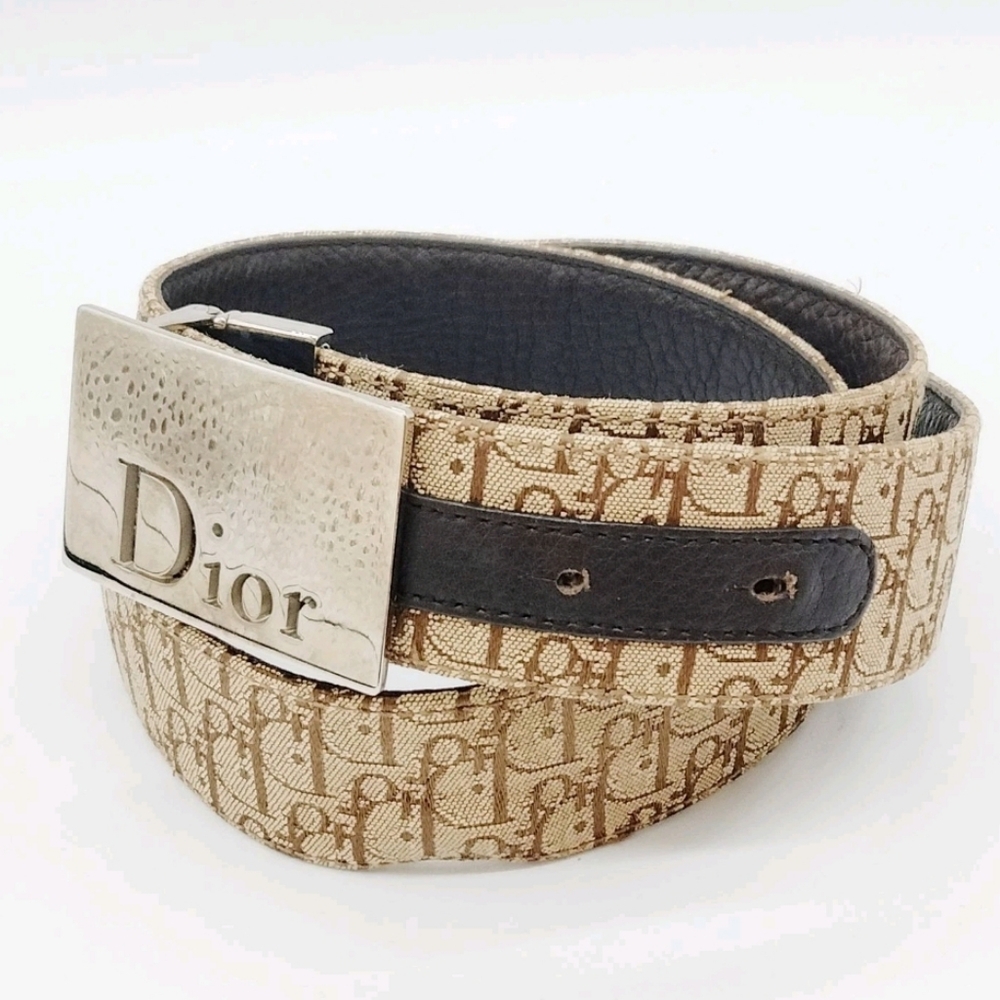 Christian Dior Brown Leather Monogram Belt with Silver Buckle